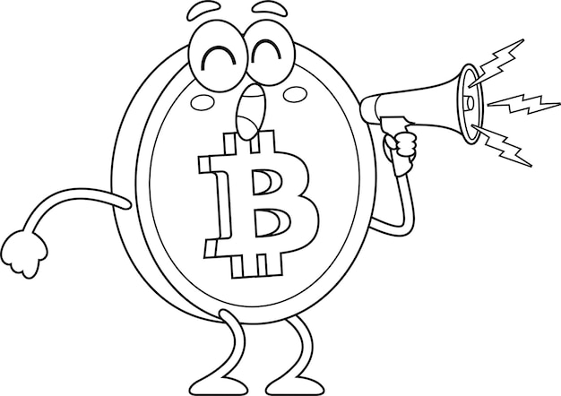 Personaje de dibujos animados de bitcoin que grita en el megáfono vector ilustración dibujada a mano