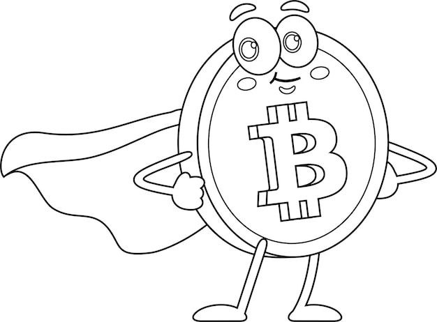 El personaje de dibujos animados de Bitcoin SuperHero es un vector dibujado a mano.