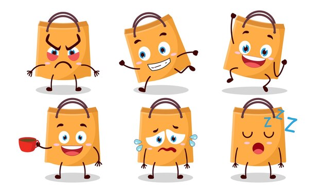 personaje de dibujos animados de bolsas de compras divertidas con varias ilustraciones de diseño de actividades de postura