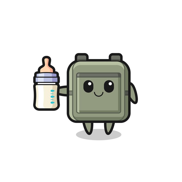 Vector personaje de dibujos animados de bolso de escuela de bebé con botella de leche