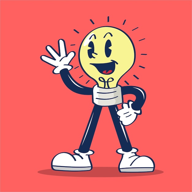 Personaje de dibujos animados con una bombilla en un fondo rojo saluda