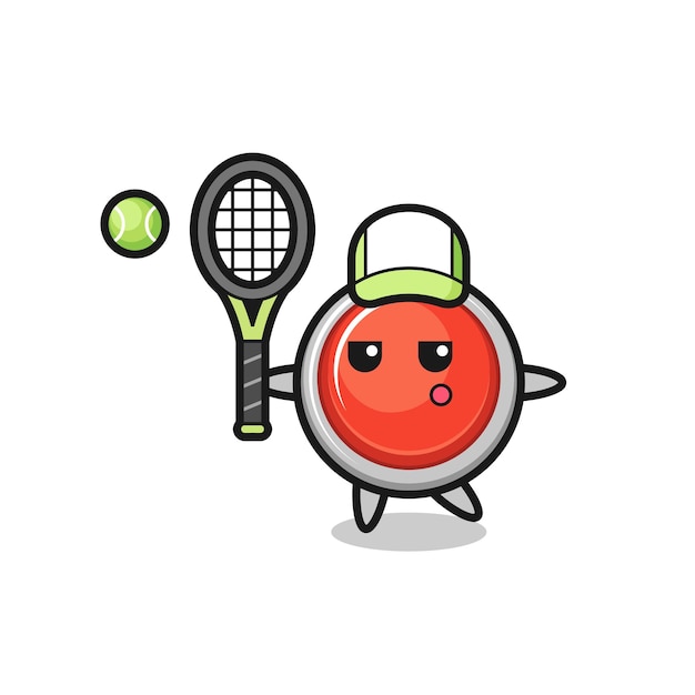 Personaje de dibujos animados del botón de pánico de emergencia como jugador de tenis, diseño lindo