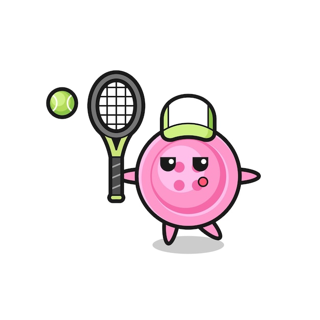Personaje de dibujos animados de botón de ropa como jugador de tenis, diseño lindo