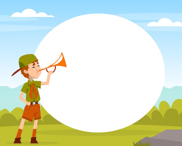 Personaje de dibujos animados de boy scout en traje caqui tocando la trompeta cerca de un vector de forma oval vacío