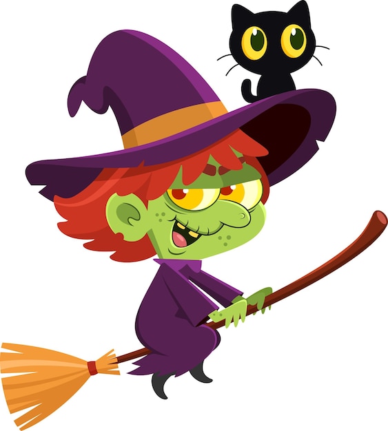 El personaje de dibujos animados de la bruja fea de Halloween volando en una escoba y el gato negro en el sombrero