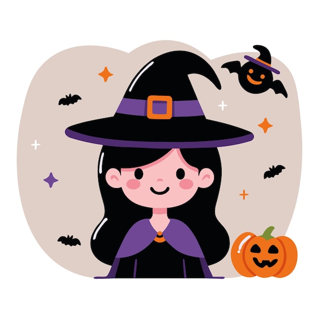 El personaje de dibujos animados de la bruja de Halloween es una ilustración plana vectorial.