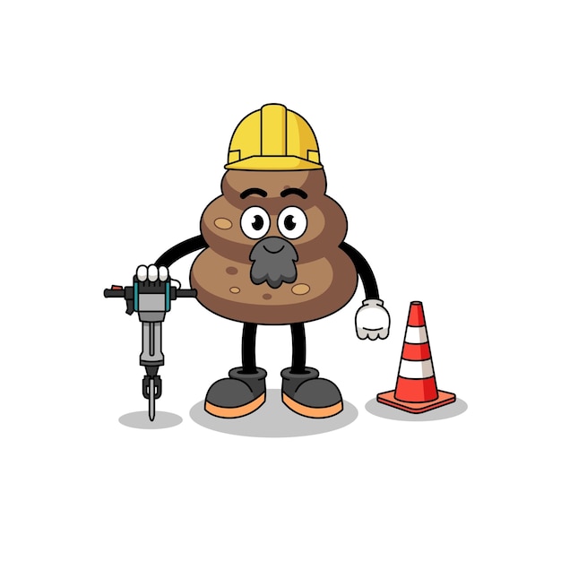 Personaje de dibujos animados de caca trabajando en la construcción de carreteras