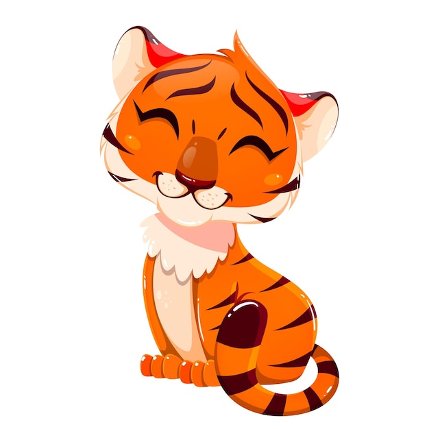 Personaje de dibujos animados de cachorro de tigre. Pequeño tigre lindo. Ilustración vectorial de stock sobre fondo blanco.