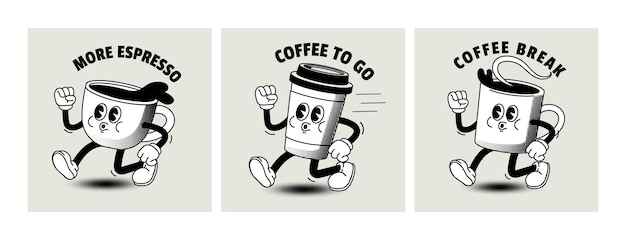 Personaje de dibujos animados café estilo vintage cómic café para ir póster concepto retro con bebidas de desayuno en taza para cafetería caminando mascota capuchino para llevar ilustración vectorial menú con bebida