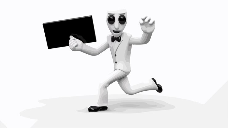 Vector un personaje de dibujos animados con una caja blanca en la mano