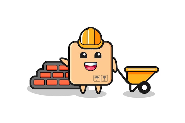 Personaje de dibujos animados de caja de cartón como constructor, diseño de estilo lindo para camiseta, pegatina, elemento de logotipo