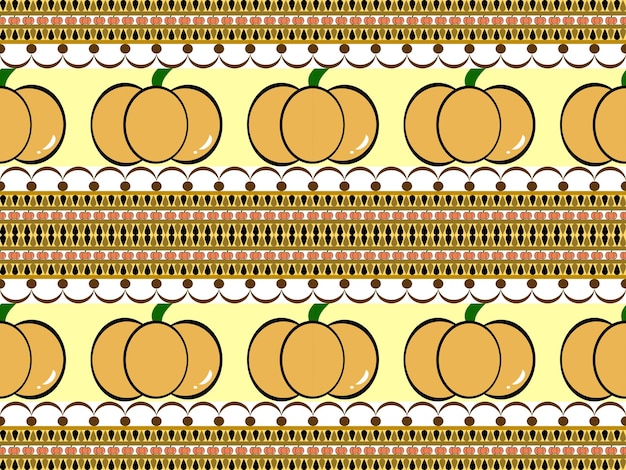 Personaje de dibujos animados de calabaza de patrones sin fisuras sobre fondo amarillo