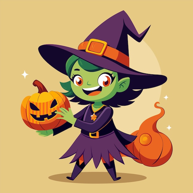 un personaje de dibujos animados con una calabaza y un sombrero de bruja