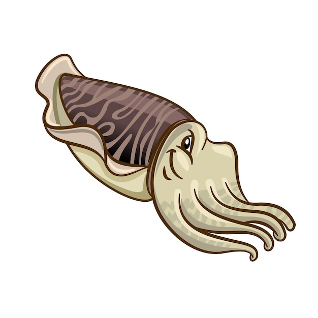 Vector personaje de dibujos animados de calamar europeo de natación con aletas transparentes grisáceas que fluyen y una linda sonrisa. puede usarse como diseño de mascota de acuario zoológico