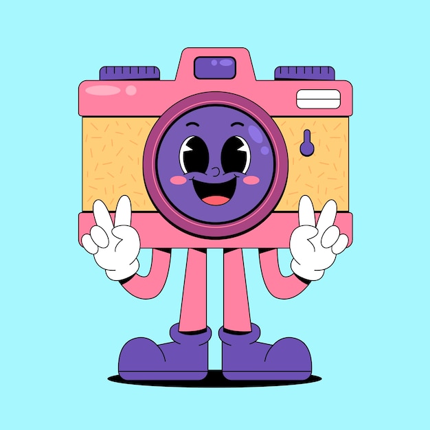 un personaje de dibujos animados de una cámara rosa con ambas manos en una postura pacífica