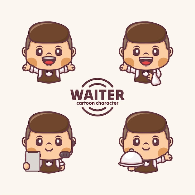 Personaje de dibujos animados de camarero con diferentes poses y expresiones