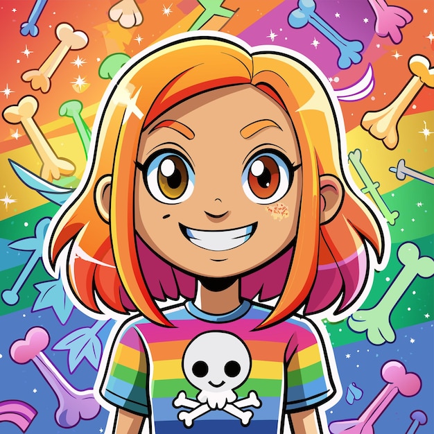 Vector un personaje de dibujos animados con una camisa de arco iris y un fondo de arcoíris