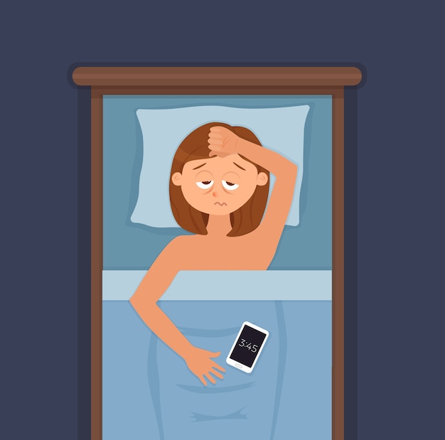 Personaje de dibujos animados de cara de mujer insomne sufre de insomnio. Chica con los ojos abiertos en la noche de oscuridad en concepto de cama. Mujer triste despierta, cansada con no puedo soñar ilustración del problema