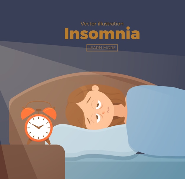 Personaje de dibujos animados de cara de mujer insomne sufre de insomnio. chica con los ojos abiertos en la noche de oscuridad en concepto de cama. mujer triste despierta, cansada con no puedo soñar ilustración del problema