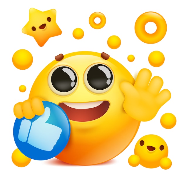 Personaje de dibujos animados de cara de sonrisa 3d emoji amarillo con icono de red social