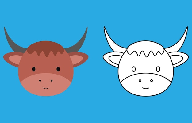 Personaje de dibujos animados de cara de yak Libro de colorear de cara de animal de yak de contorno lindo para niños Icono de contorno vectorial