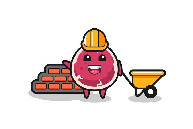 Personaje de dibujos animados de carne de res como constructor, diseño de estilo lindo para camiseta, pegatina, elemento de logotipo