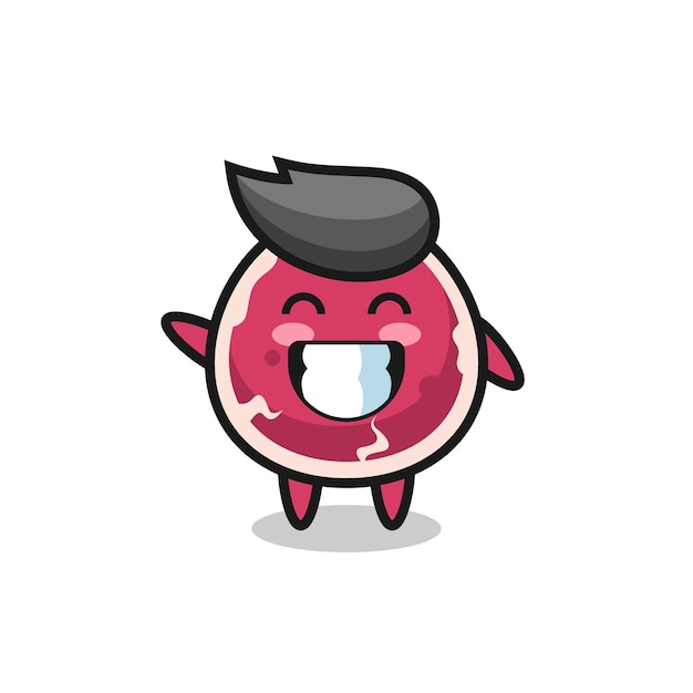 Personaje de dibujos animados de carne de res haciendo gesto con la mano de onda, diseño de estilo lindo para camiseta, pegatina, elemento de logotipo