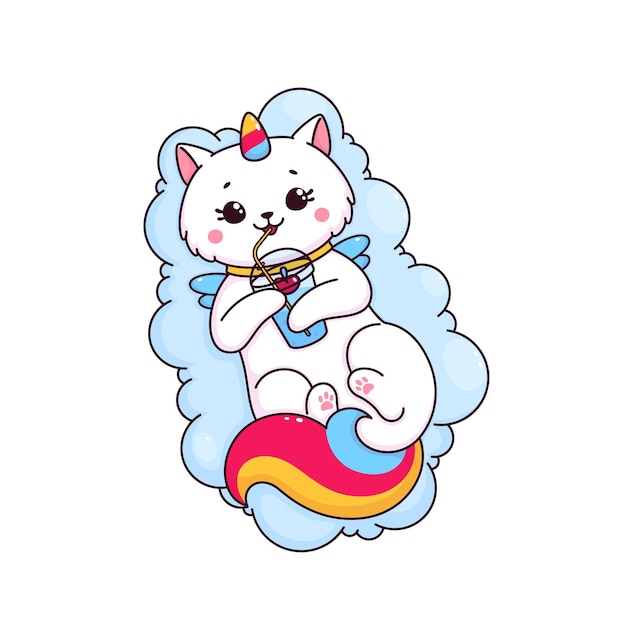 Personaje de dibujos animados caticorn con jugo o cóctel