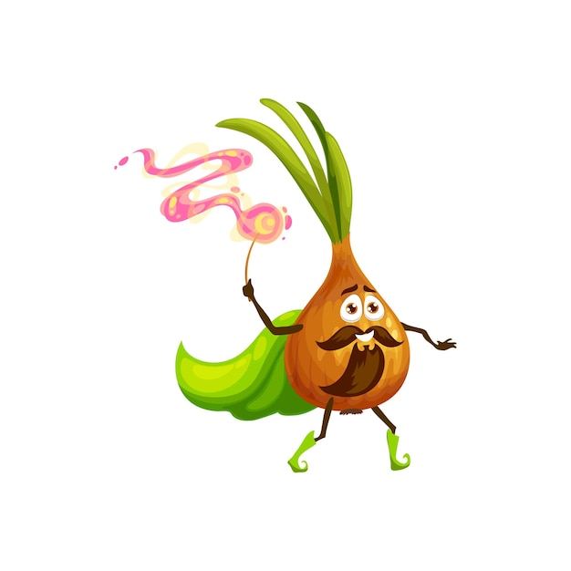 Personaje de dibujos animados de cebolla con varita mágica y capa aislado lindo emoticono con bigotes y barba Vector lindo vegetariano fresco kawaii vegetal hechicero con hojas verdes granja jardín mago