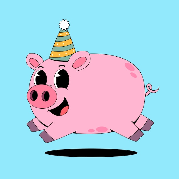 un personaje de dibujos animados de un cerdo rosa corriendo con un sombrero de fiesta en él