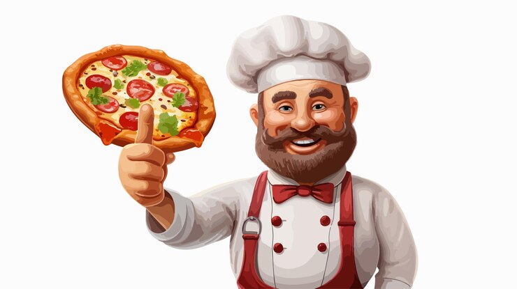 Vector el personaje de dibujos animados chef cook sosteniendo una pizza