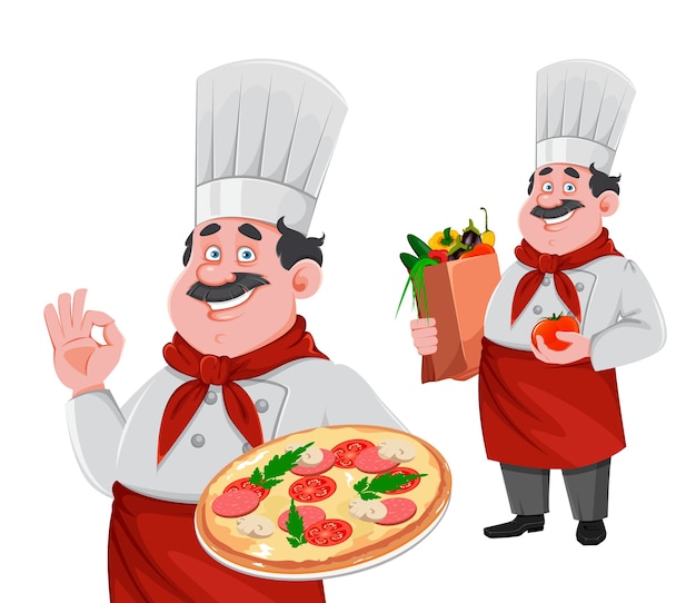 Personaje de dibujos animados de chef guapo, conjunto de dos poses. cocinero alegre en uniforme profesional sosteniendo pizza y sosteniendo una bolsa de papel con verduras.