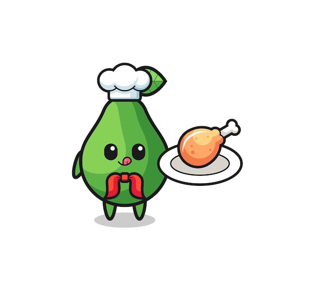 Personaje de dibujos animados de chef de pollo frito con aguacate, diseño lindo