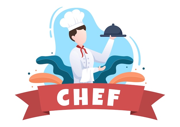 Personaje de dibujos animados de chef profesional Ilustración de cocina con bandeja y servicio de comida deliciosa