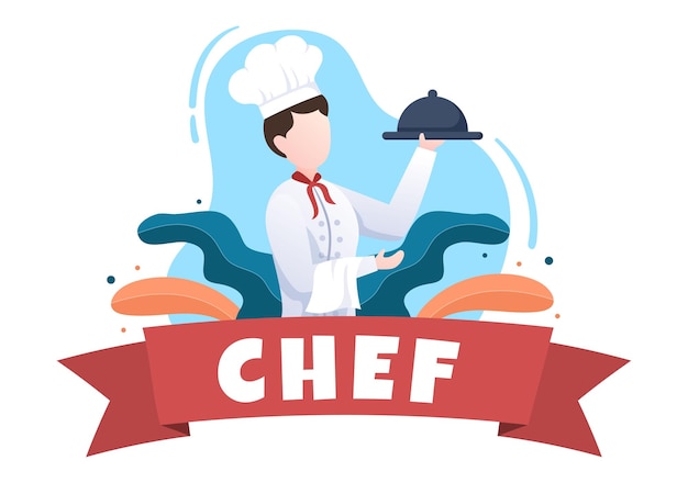 Vector personaje de dibujos animados de chef profesional ilustración de cocina con bandeja y servicio de comida deliciosa