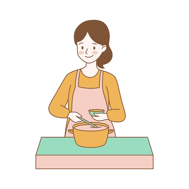 El personaje de dibujos animados de la chica linda está cocinando con la sartén en la cocina