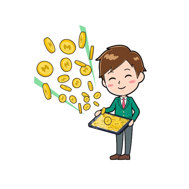 Personaje de dibujos animados de chico lindo con un gesto de ganar dinero con tableta.