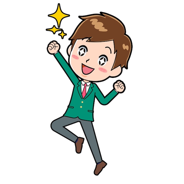 Personaje de dibujos animados de chico lindo con un gesto de salto.