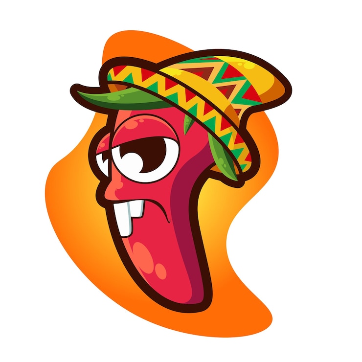 Personaje de dibujos animados de chile rojo con sombrero mexicano