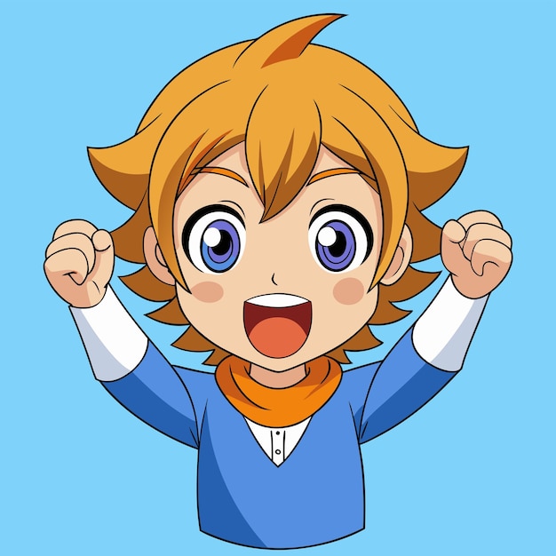 un personaje de dibujos animados con una cinta naranja alrededor de su cuello y sus brazos levantados
