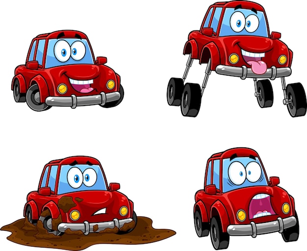 Personaje de dibujos animados de coche rojo plantea conjunto de colección de vectores aislado sobre fondo blanco