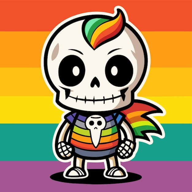 Un personaje de dibujos animados con colores de arco iris y un arcoíris en su camisa