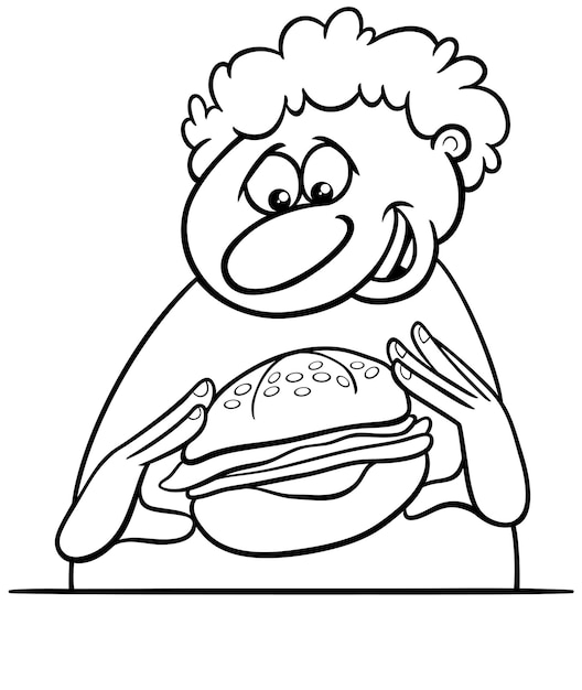 Vector personaje de dibujos animados comiendo una hamburguesa de queso página de colorear