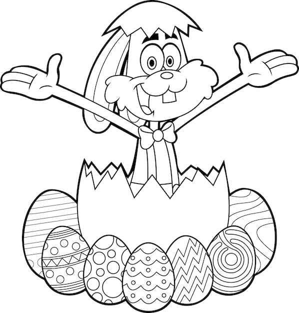 Personaje de dibujos animados de conejo sorpresa contorneado que mira a escondidas de un huevo de Pascua