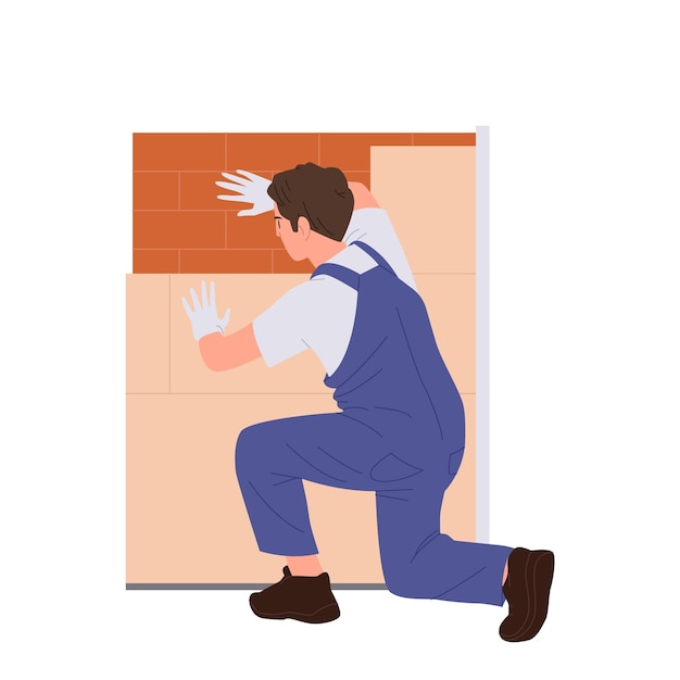 Personaje de dibujos animados de constructor profesional colocando baldosas de cerámica en una pared de ladrillo aislada en blanco