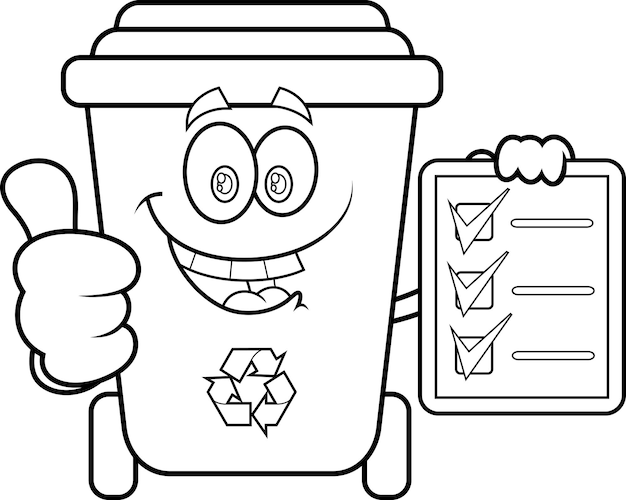 El personaje de dibujos animados del contenedor de basura resumen dando los pulgares hacia arriba y sosteniendo un clipboard
