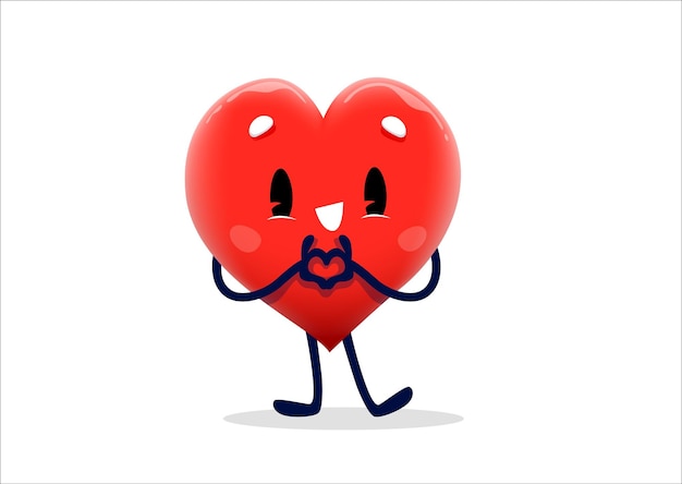 El personaje de dibujos animados del corazón alegre muestra el gesto de amor