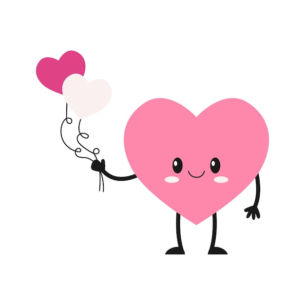 Personaje de dibujos animados de corazón con cara, manos y pies Símbolo de amor con globos Ilustración vectorial