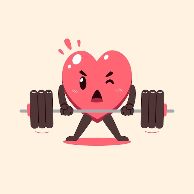 Vector personaje de dibujos animados de corazón haciendo entrenamiento con pesas con barra