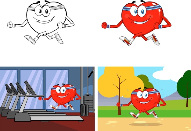 Personaje de dibujos animados de corazón sano Jogging Set Colección de vectores aislado sobre fondo blanco